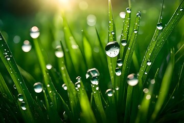A close-up of dewdrops on fresh green grass in the early morning light