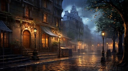an elegant cityscape with lights shimmering on a wet cobblestone street
