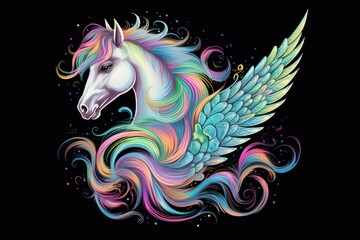 Fototapeta na wymiar A colorful unicorn with wings on a black background