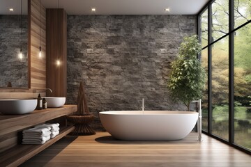Interior of modern bathroom with stone walls, wooden floor, comfortable white bathtub standing near the window.