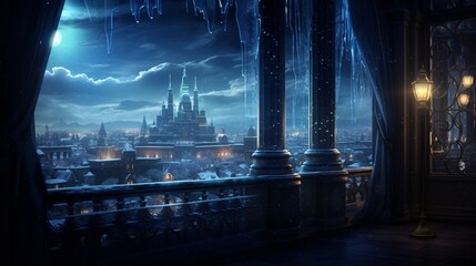 an elegant cityscape with lights glowing through a frost-covered window