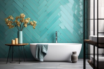 Interior of modern bathroom with turquoise tile walls, wooden floor, comfortable white bathtub and round mirror.  