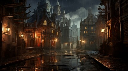 an elegant cityscape with reflections in wet cobblestone