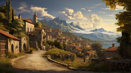 an elegant image of a mountain village with winding cobblestone streets