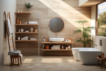 Interior of modern bathroom with wooden walls, tiled floor, comfortable white bathtub and round mirror. 