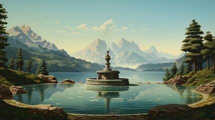 an elegant image of a lake with a stone fountain