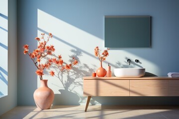 Interior of modern bathroom with blue walls, concrete floor, white bathtub standing on wooden countertop and vase with flowers. Horizontal mock up poster frame. 