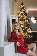 Photography, portrait of a beautiful smiling woman model in a red dress indoors, interior against the background of a festive New Year tree at Christmas, New Year.