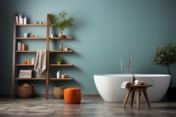Fototapeta na wymiar Modern bathroom interior with bathtub and shelves. Mock up, 
