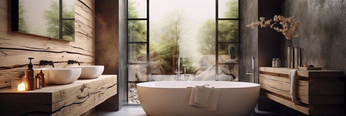 Bathroom interior with bathtub and wooden walls.  