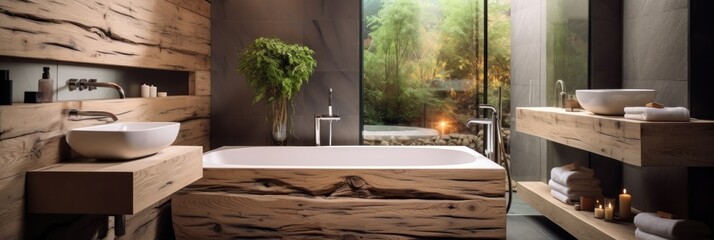 Composite image of bathroom with wooden walls, floor and large sink.