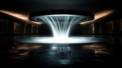 an elegant image of a modern abstract fountain in a museum