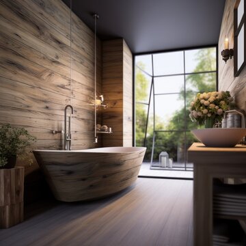 Interior of modern bathroom with wooden walls, wooden floor, comfortable bathtub standing near the window. 
