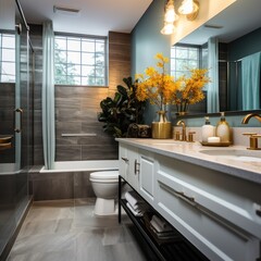 Interior of modern bathroom with gray and wooden walls, tiled floor, white bathtub and toilet