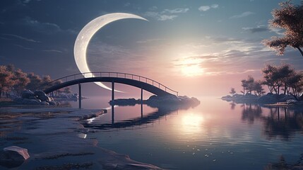 an elegant image of a crescent-shaped lake with a small pier