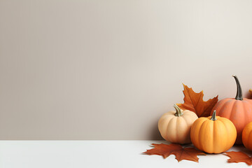 Autumn Leaves and Pumpkins on Pastel Background with Copy Space