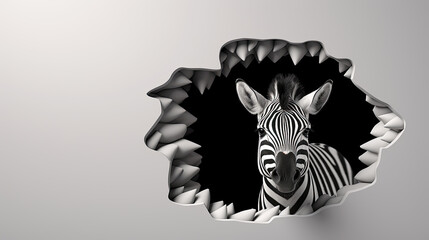 generated illustration Zebra looking through a hole torn from a cracked wall .