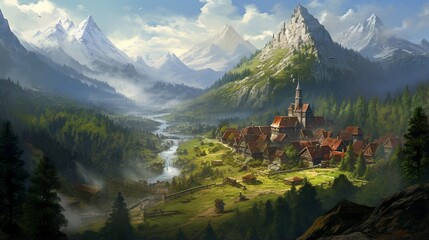 an elegant image of a mountain village surrounded by pine forests