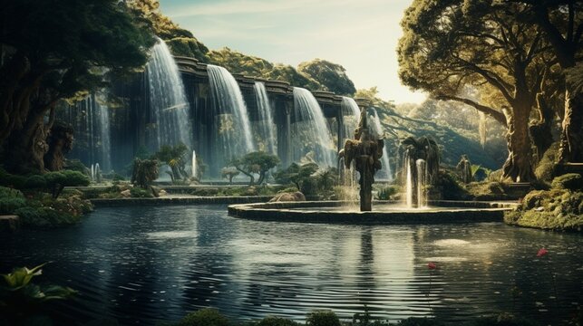 an elegant image of an artificial lake with a cascading fountain