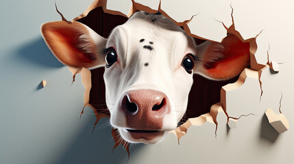 generated  illustration  of cute cow peeking out of a hole in white wall, torn hole - obrazy, fototapety, plakaty