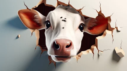 Deurstickers generated  illustration  of cute cow peeking out of a hole in white wall, torn hole © seanzheng