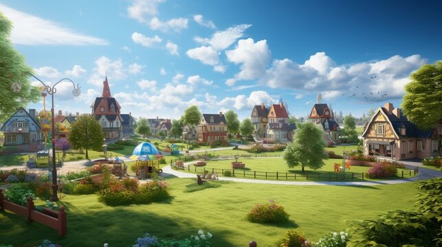 an elegant image of a village with well-kept playgrounds and sports fields