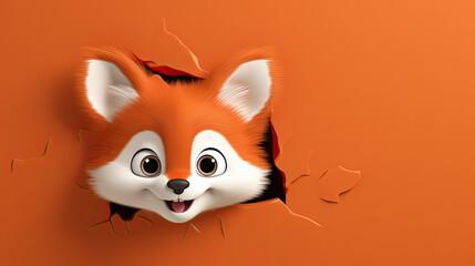 generated  illustration  of cute baby fox peeking out of a hole in wall, torn hole