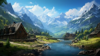 Fototapeta na wymiar an elegant image of a mountain village with a serene mountain pond