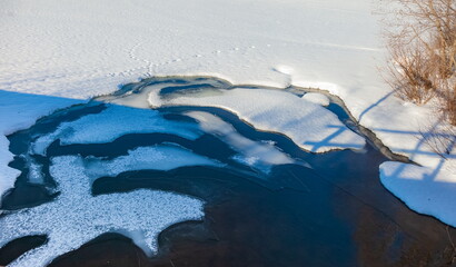 Spring snow-covered ice floes on the river close-up