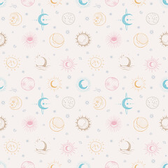Seamless doodle-style pattern with hand-drawn  stars and moons in pastel tones. Ideal for backgrounds, textiles, wallpapers, packaging, and scrapbooking