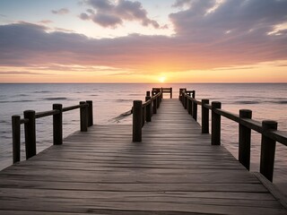 Obraz premium Wooden pier on the beach at beautiful sunset in the evening