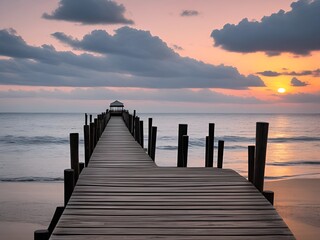 Obraz premium Wooden pier on the beach at beautiful sunset in the evening