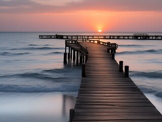 Obraz premium Wooden pier on the beach at beautiful sunset in the evening