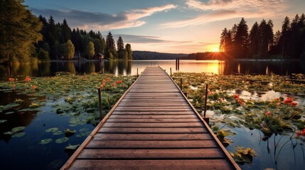 an elegant lakeside image featuring a wooden dock - obrazy, fototapety, plakaty