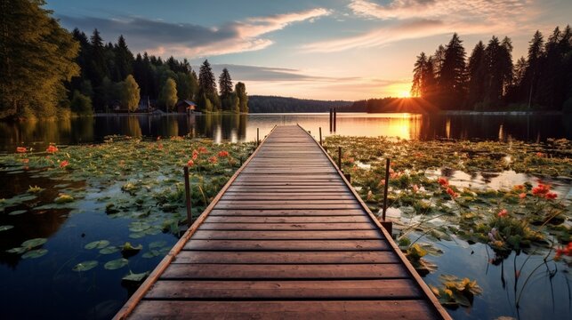 an elegant lakeside image featuring a wooden dock
