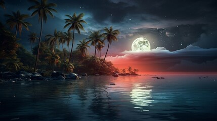 Fototapeta na wymiar an elegant lakeside image featuring a tropical moonrise