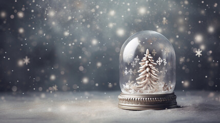 Whimsical Christmas Holidays Snow Globe with Evergreen Trees and Snowfall on Gray and Silver...