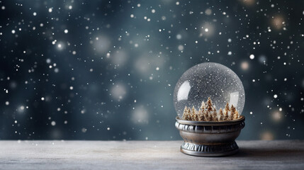 Whimsical Christmas Holidays Snow Globe with Evergreen Trees and Snowfall on Gray and Silver...