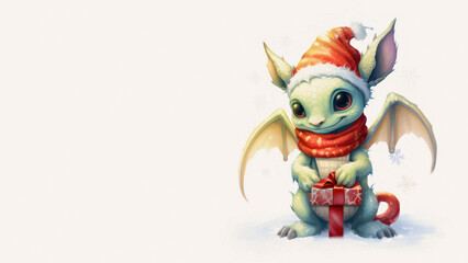 Naklejka premium Illustration of baby dragon in a Christmas costume with red hat, holding gift with ribbon on white background