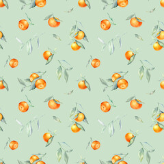 Seamless Pattern with Orange Fruit Branches, green leaves. Hand drawn watercolor illustration of citrus food for wrapping paper or textile design. Print with tangerine on white isolated background.