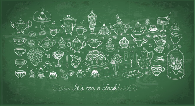 Doodles with tea party elements in old english style on blackboard background