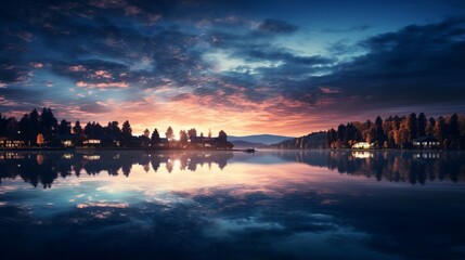 Fototapeta na wymiar an elegant picture of a reflective man-made lake at twilight