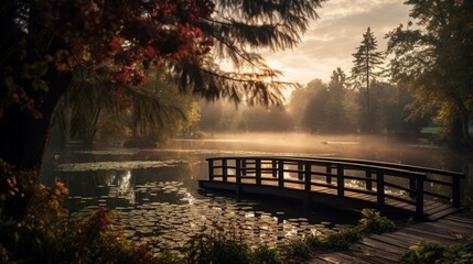 an elegant picture of a lake with a wooden bridge