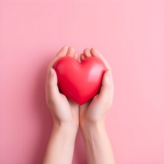 Obraz premium Woman holding red heart in hands on pink background, top view. concept of love nature, Save World, Earth day and Hands ecology environment