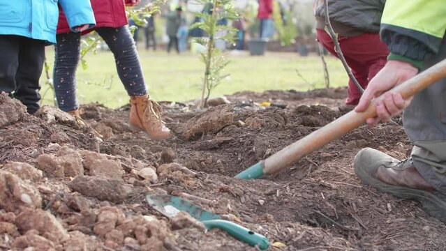 Community planting event in action kids and adult 