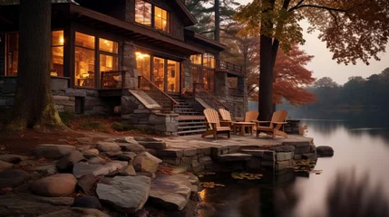 Foto op Plexiglas an elegant picture of a lakeside cabin with a stone fireplace © Wajid