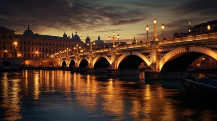 an elegant picture of a city bridge illuminated in the evening