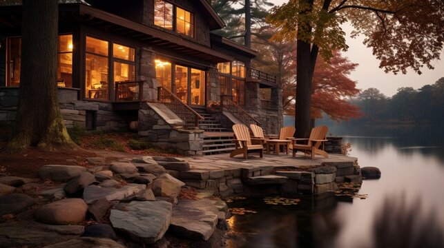 an elegant picture of a lakeside cabin with a stone fireplace