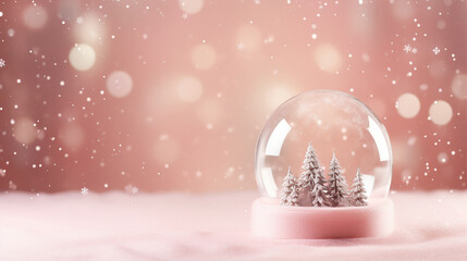 Whimsical Christmas Holidays Snow Globe with Evergreen Trees and Snowfall on Pastel Pink Background with Twinkle Lights Background Effect - Xmas Decor Theme with Copy Space