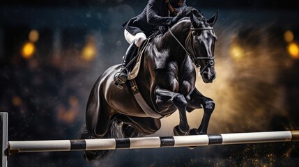 A regal black stallion performing a powerful leap over an obstacle in a show-jumping arena